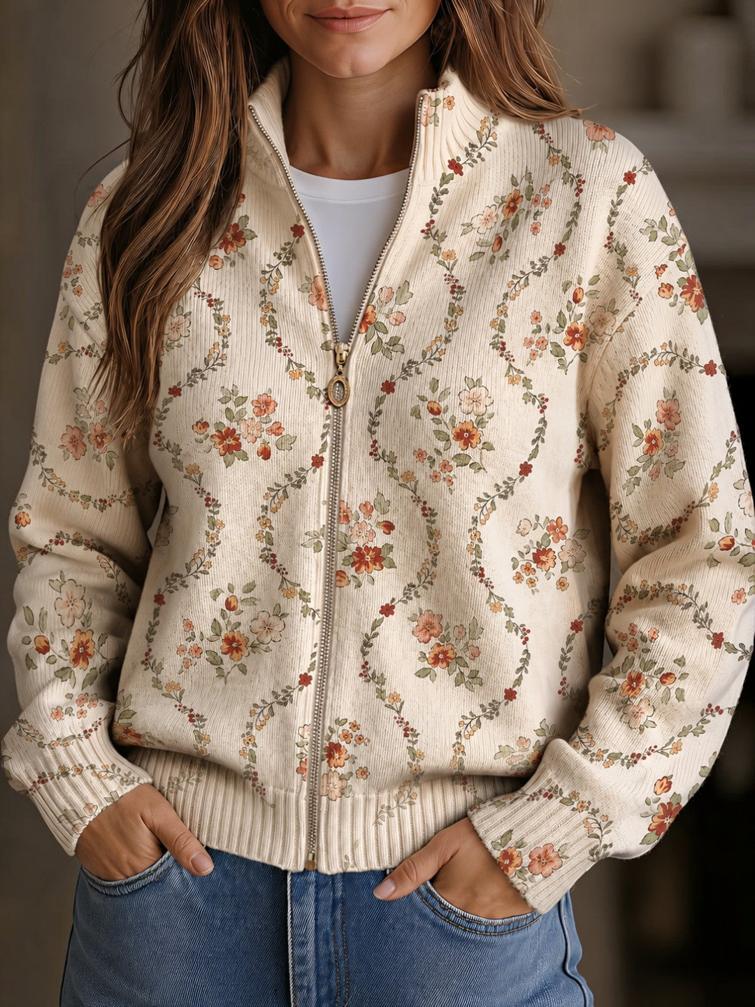 Ingrid - Gebreid vest met delicate bloemenranken