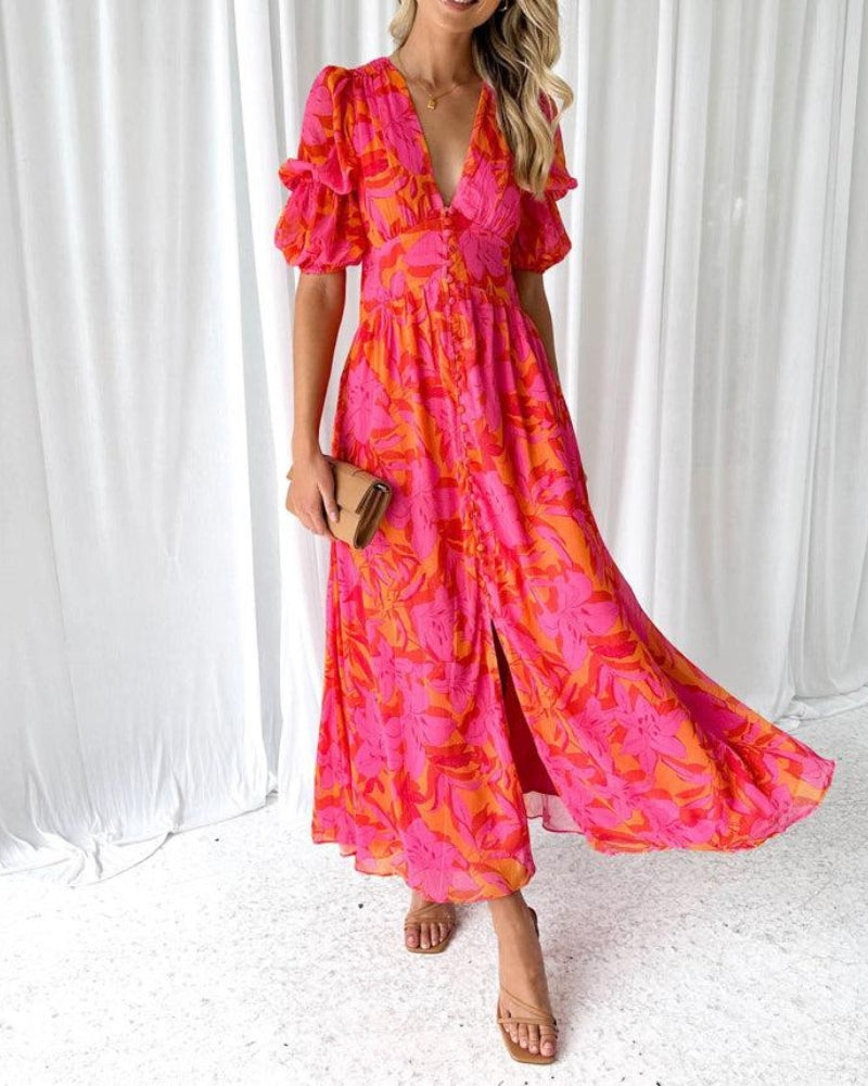 Jill - Elegante V-hals maxi jurk met pofmouwen