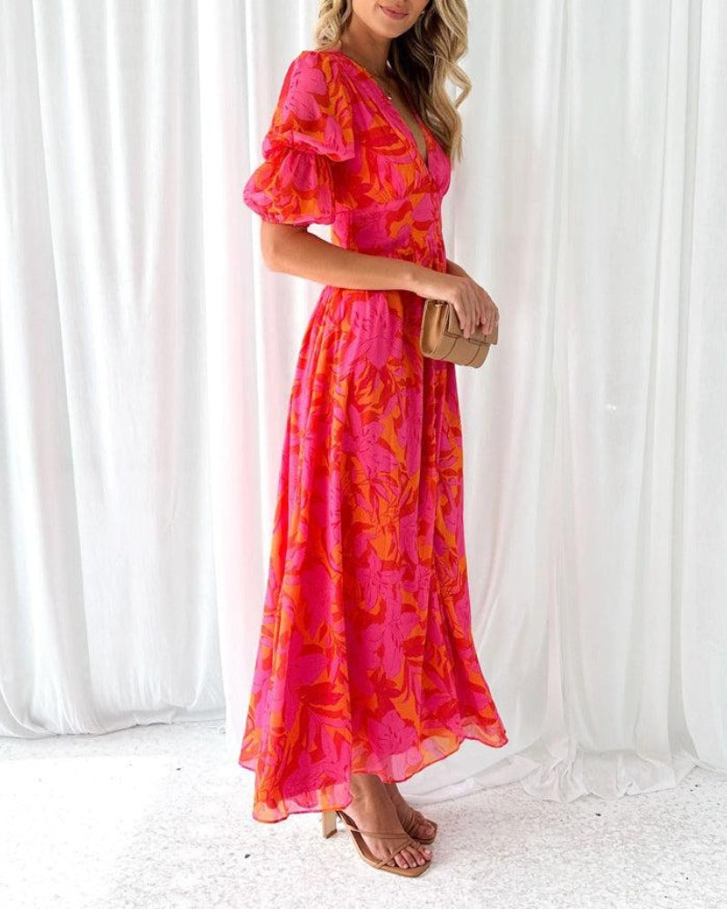 Jill - Elegante V-hals maxi jurk met pofmouwen