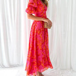 Jill - Elegante V-hals maxi jurk met pofmouwen