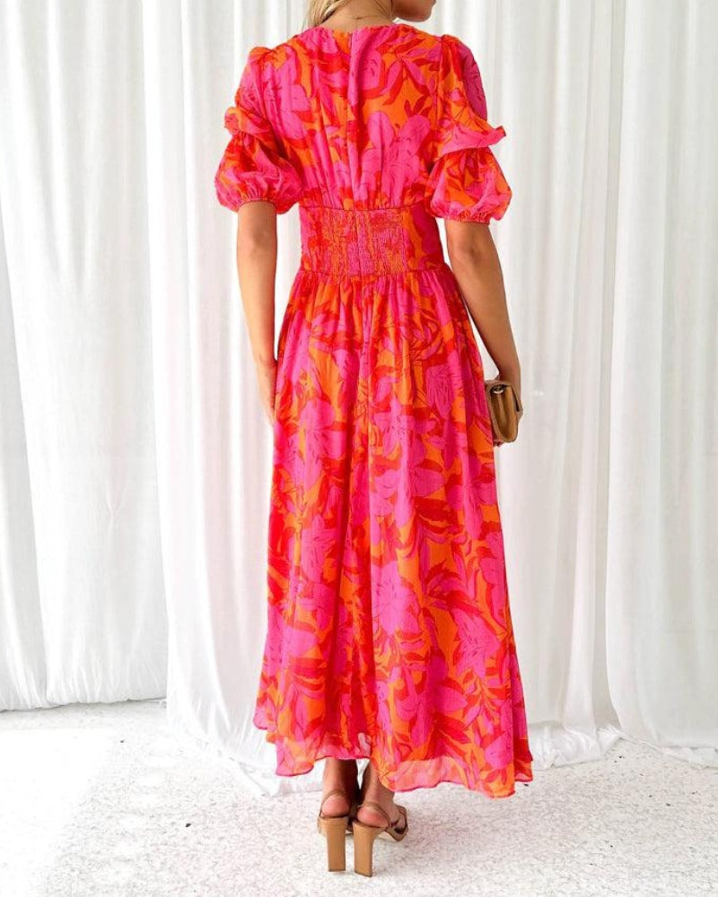 Jill - Elegante V-hals maxi jurk met pofmouwen