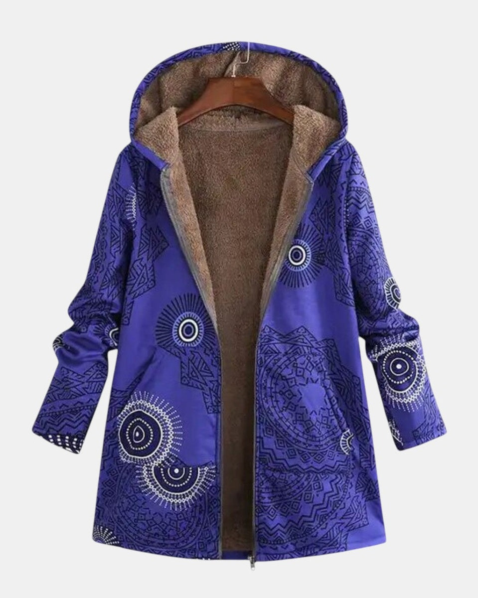 Luna - Marineblauwe fleecehoodie met mandalapatroon