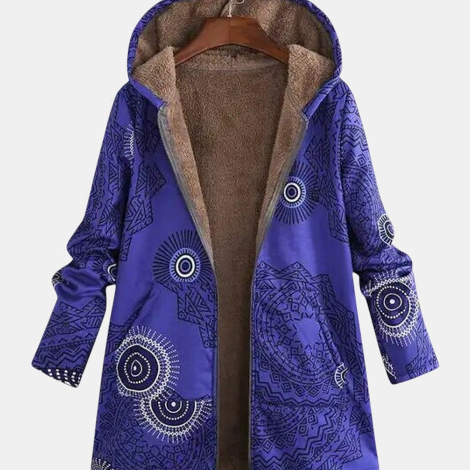 Luna - Marineblauwe fleecehoodie met mandalapatroon