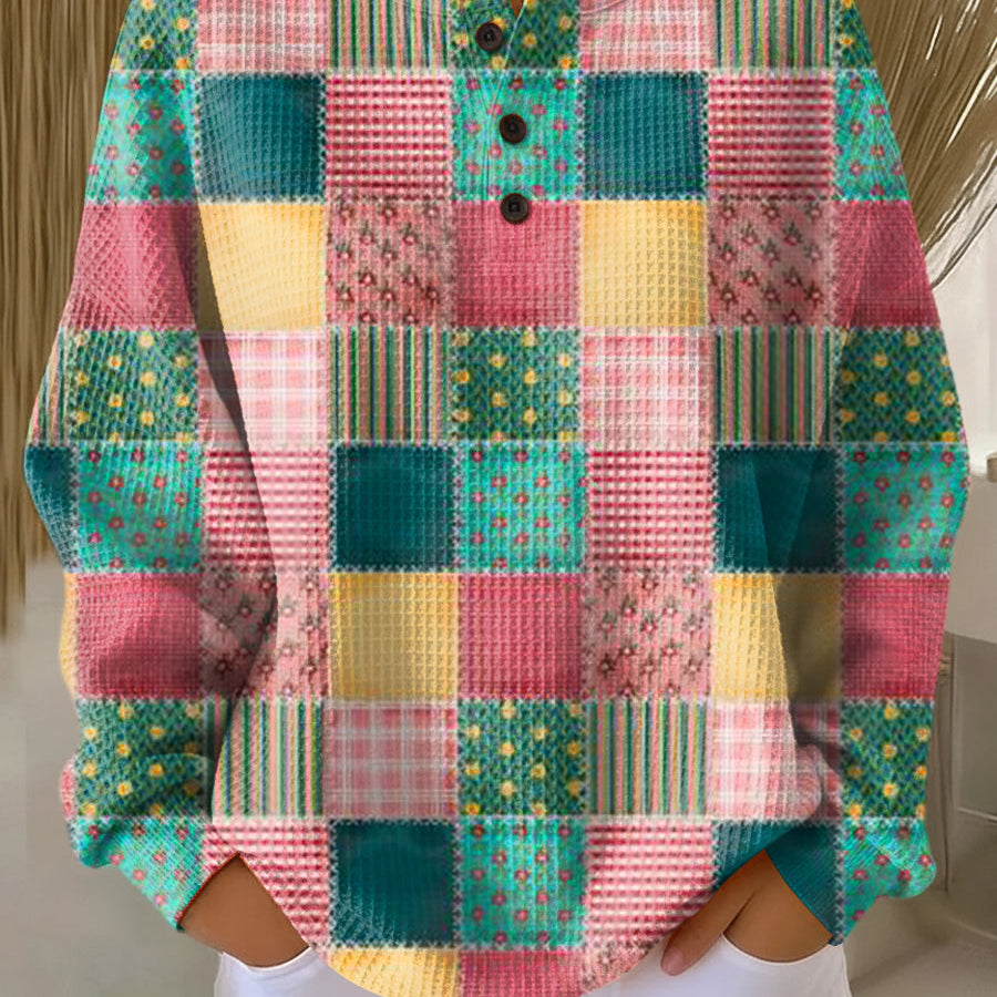 Merel - Patchworktrui in roze en turquoise