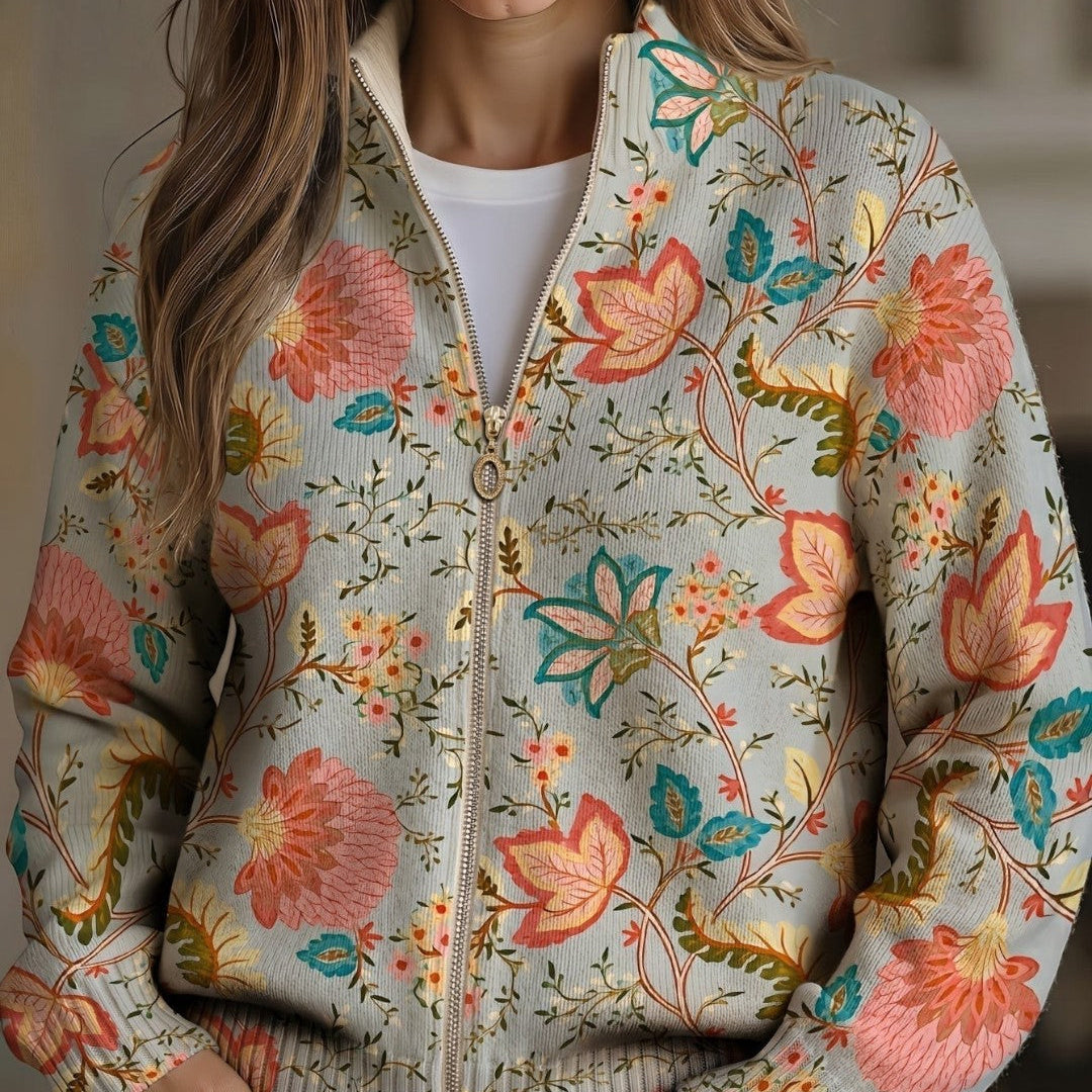 Petra - Gebreid vest met bloemrijke tuinprint