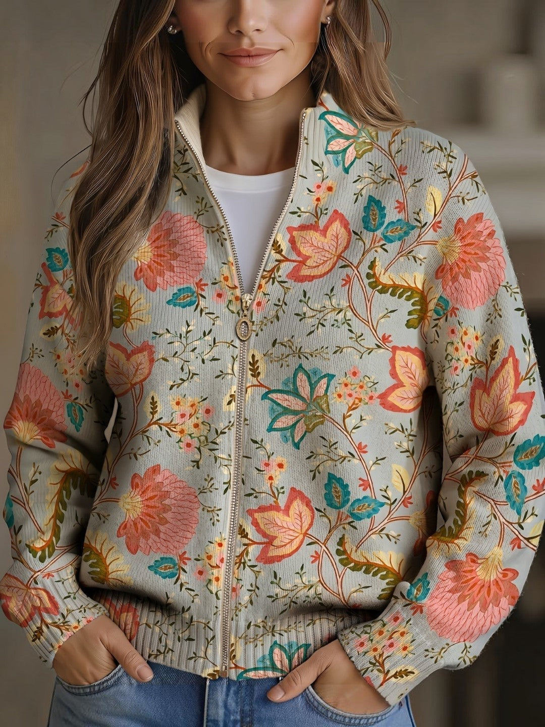 Petra - Gebreid vest met bloemrijke tuinprint