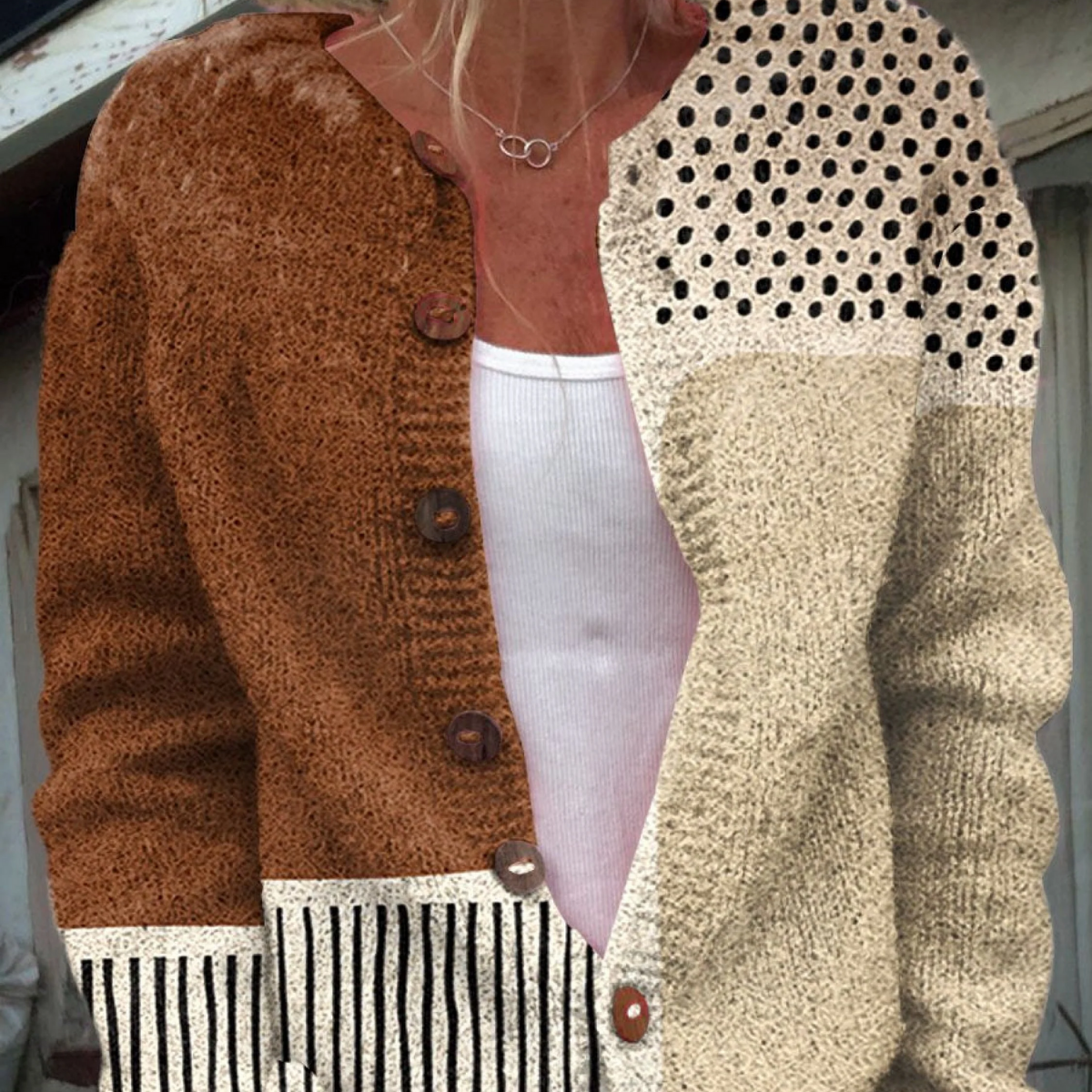 Renate - Patchworkvest in bruin en crème