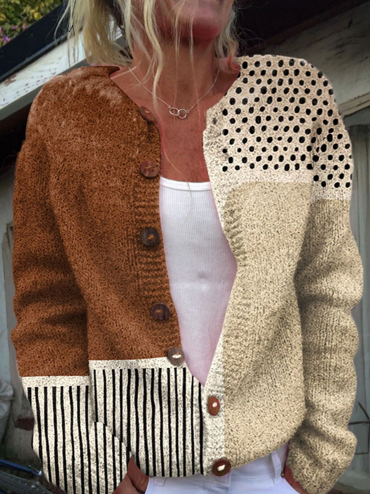 Renate - Patchworkvest in bruin en crème