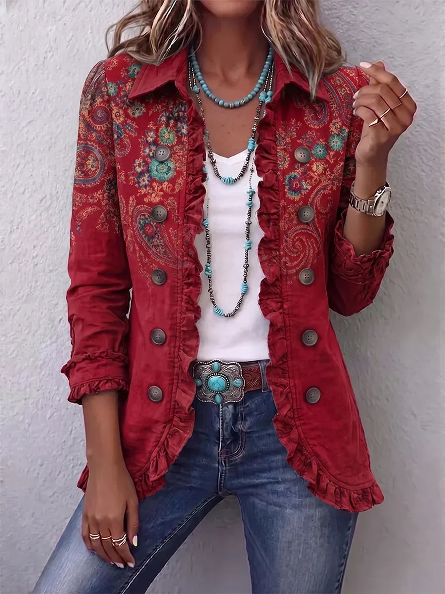 Roosje - Rood boho jasje met ruches en paisleyprint