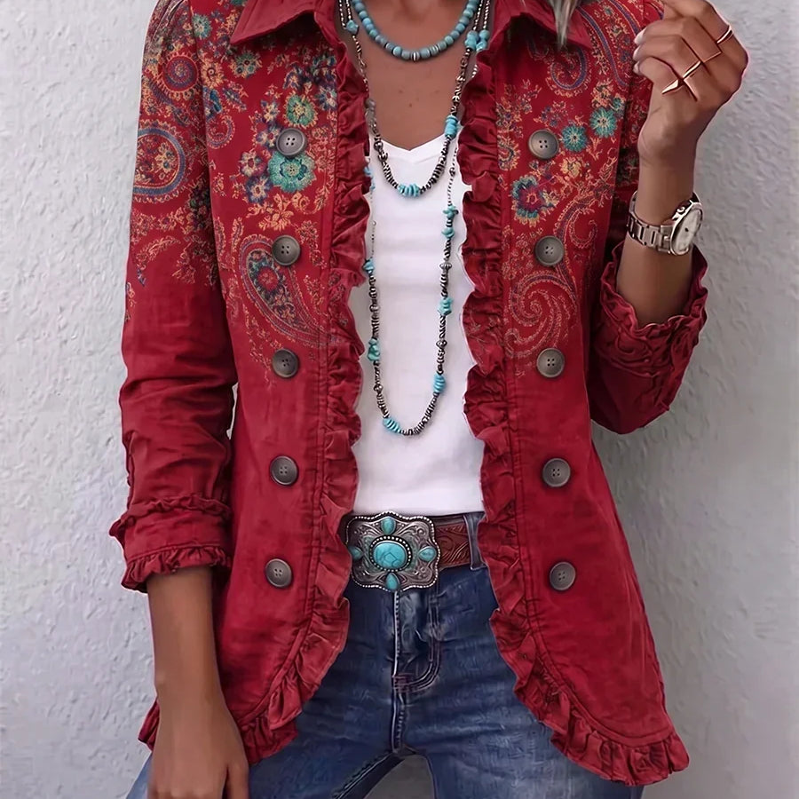 Roosje - Rood boho jasje met ruches en paisleyprint