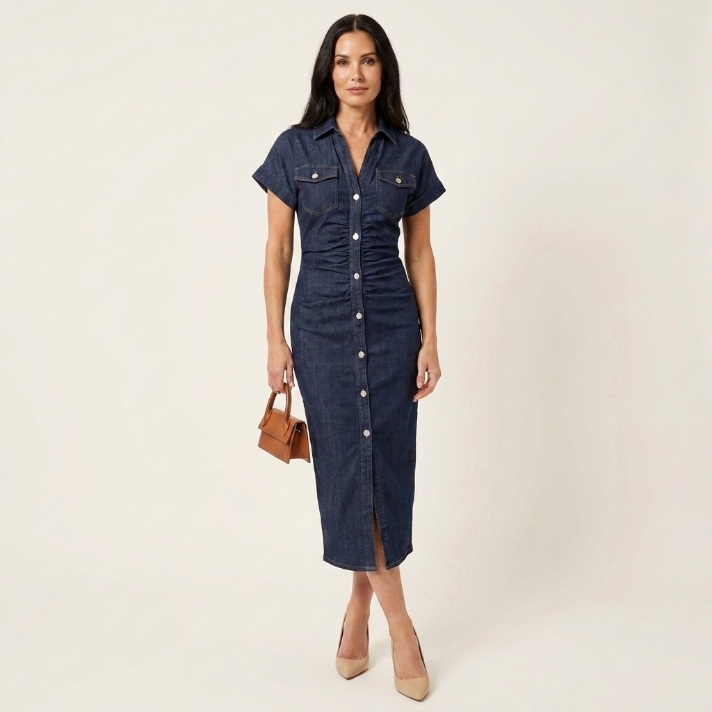 Sascha - Nauwsluitende midi-denimjurk met knopen