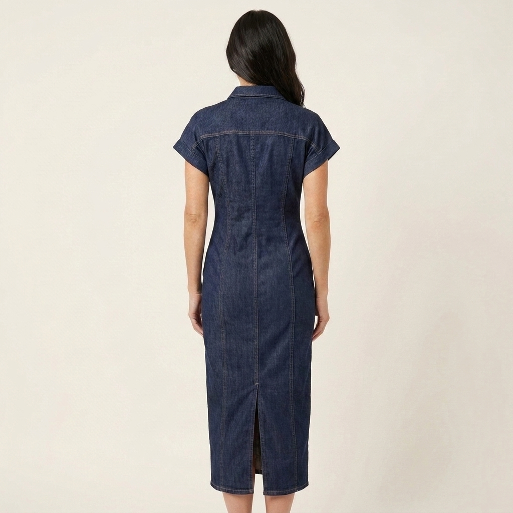 Sascha - Nauwsluitende midi-denimjurk met knopen