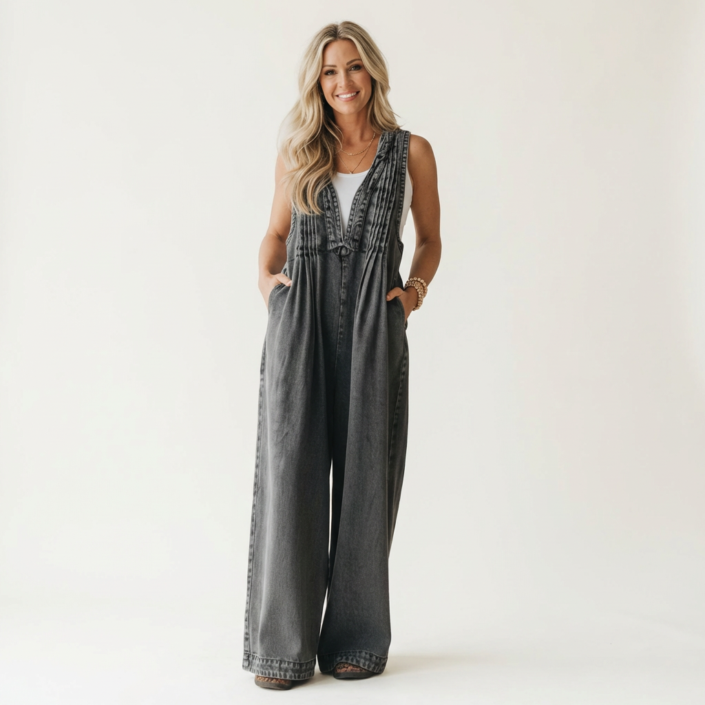 Suzan - Denim jumpsuit met wijde plooipijpen