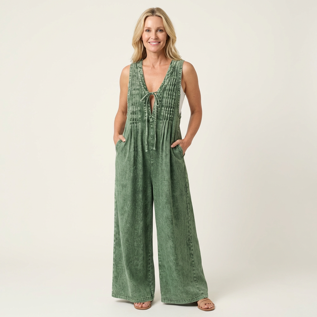Suzan - Denim jumpsuit met wijde plooipijpen