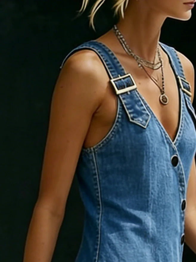 Vivian - Lange denimjurk met knopen