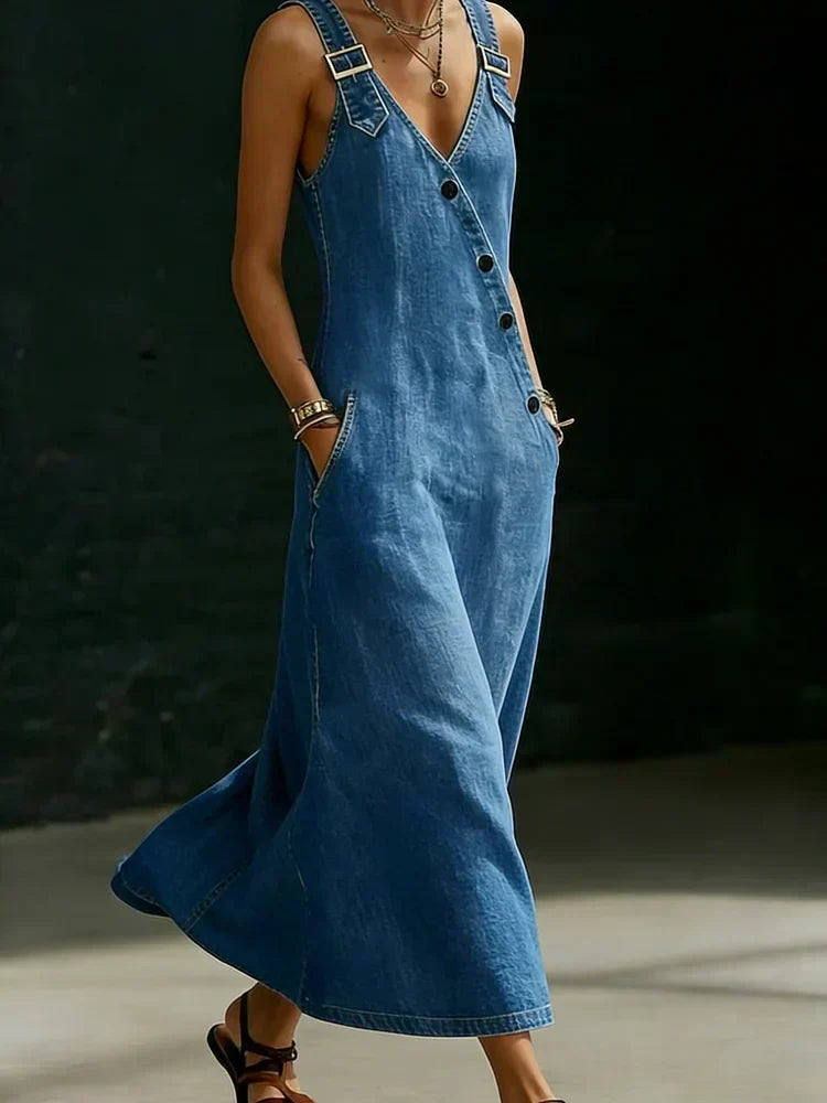 Vivian - Lange denimjurk met knopen