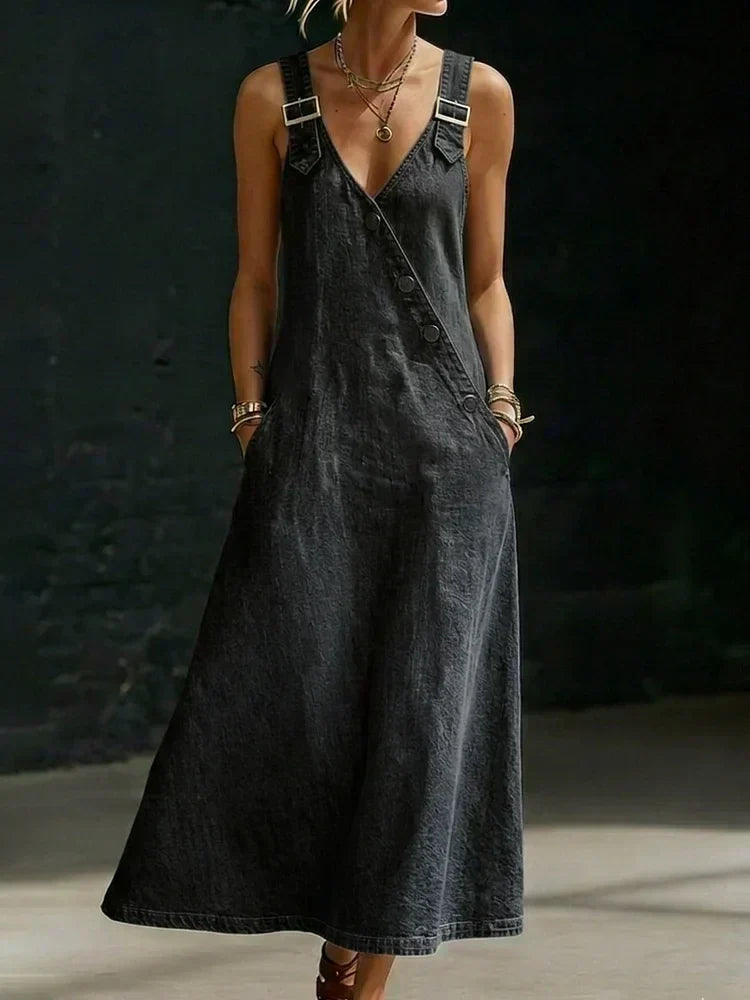 Vivian - Lange denimjurk met knopen