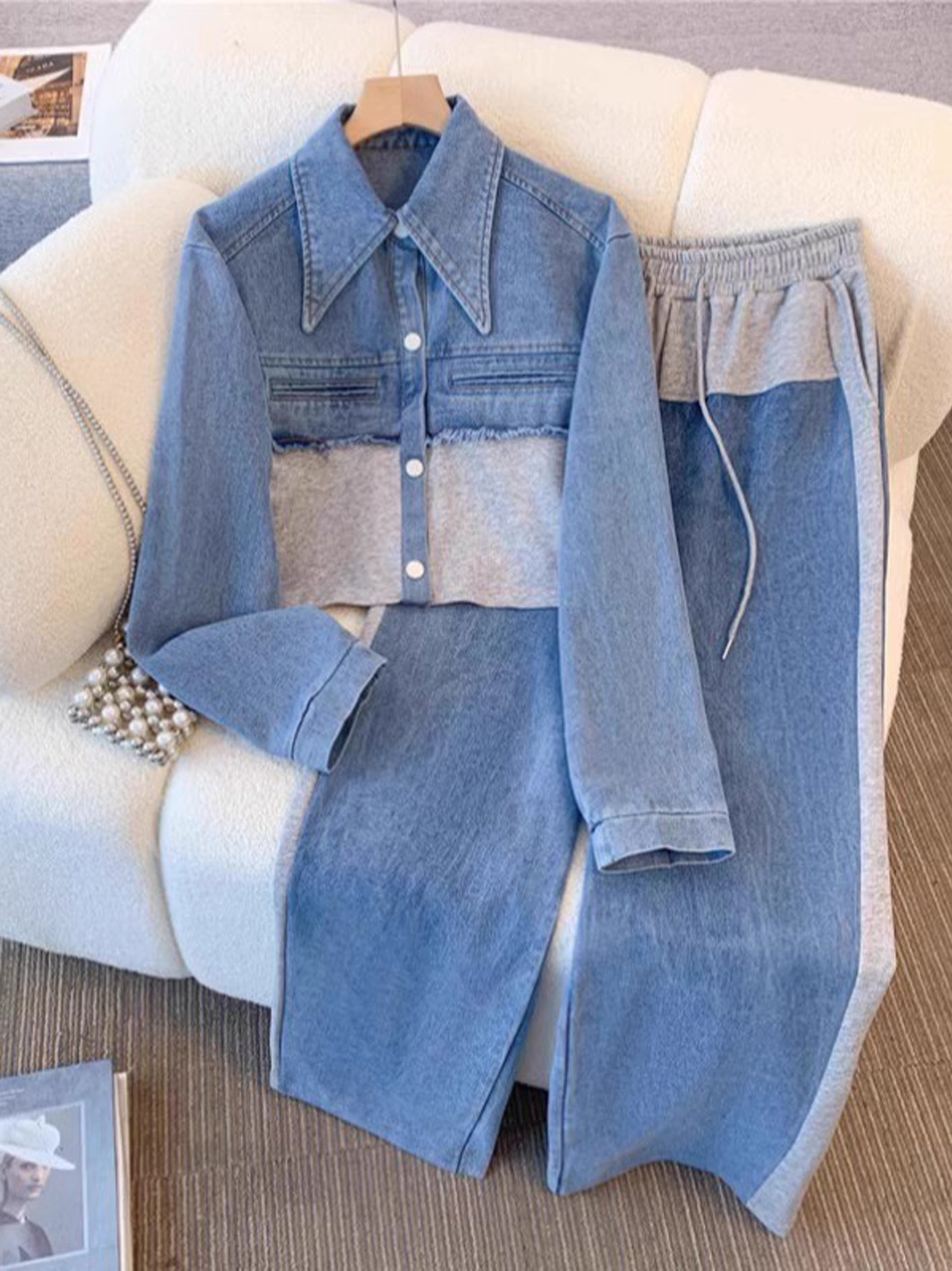Wieteke - Set met kort kleurblokjasje en wijde broek