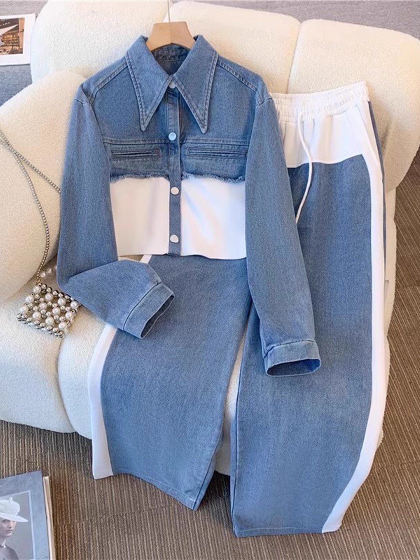 Wieteke - Set met kort kleurblokjasje en wijde broek