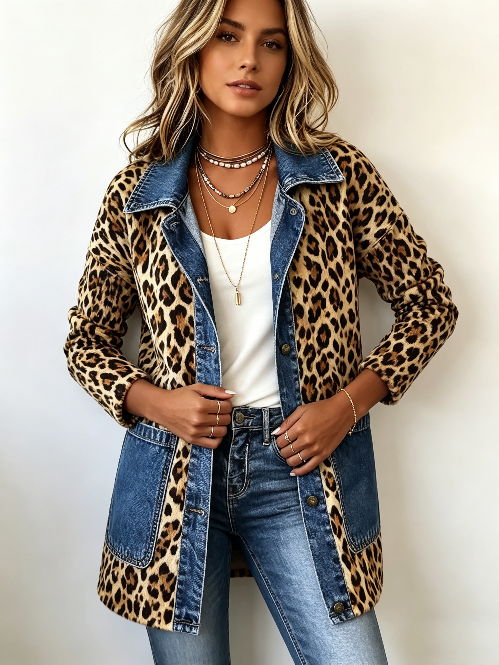 Wilke - Lang jasje met luipaardprint en contrasterend denim