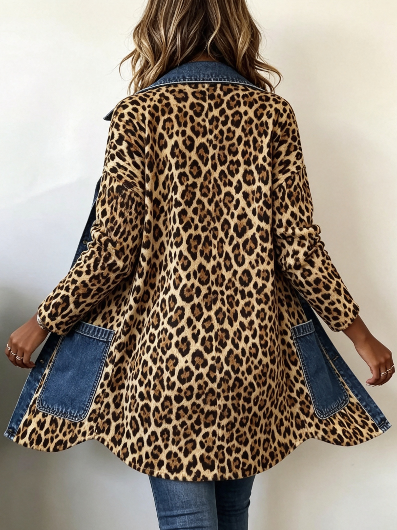 Wilke - Lang jasje met luipaardprint en contrasterend denim
