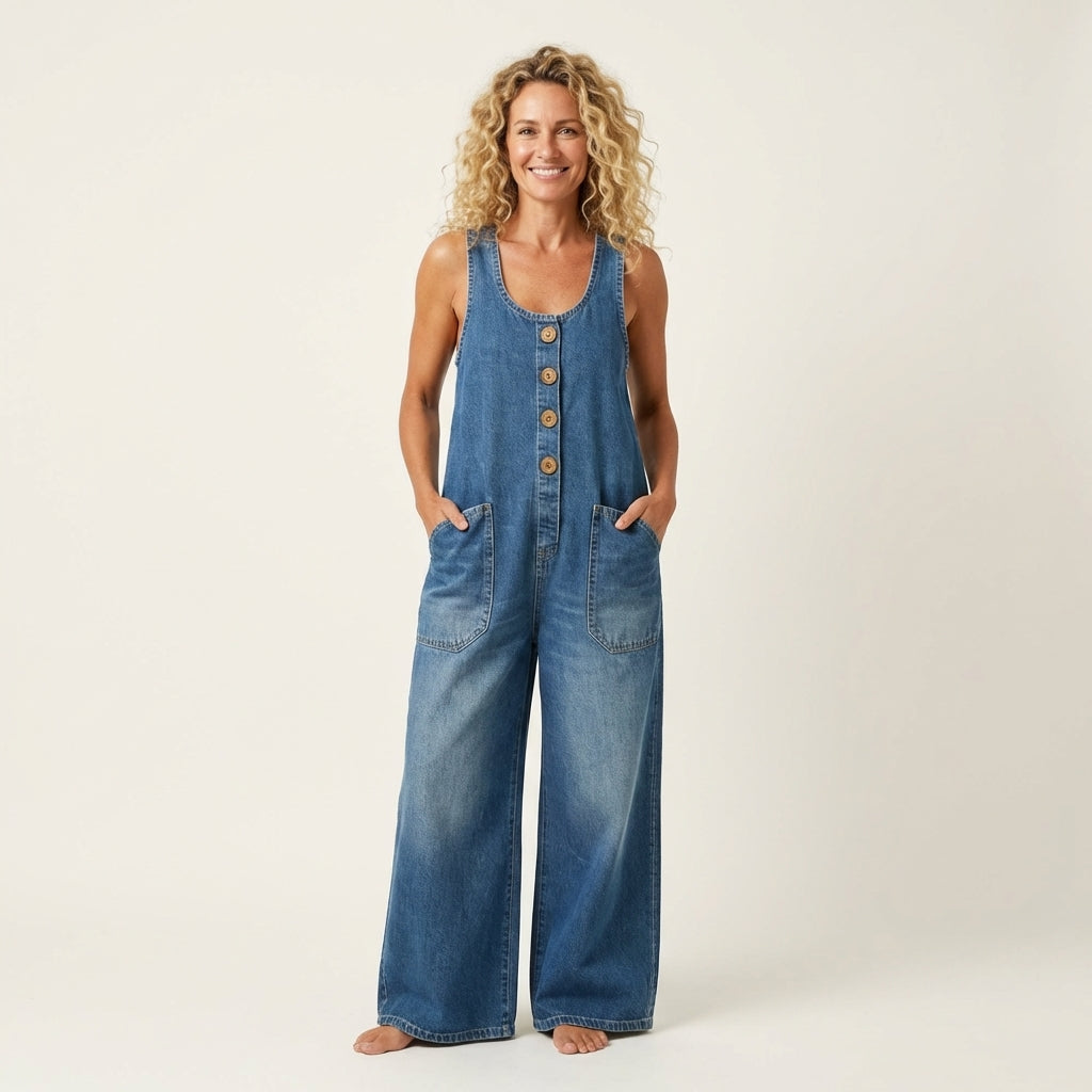 Xandra - Denim jumpsuit met brede knoopbanden