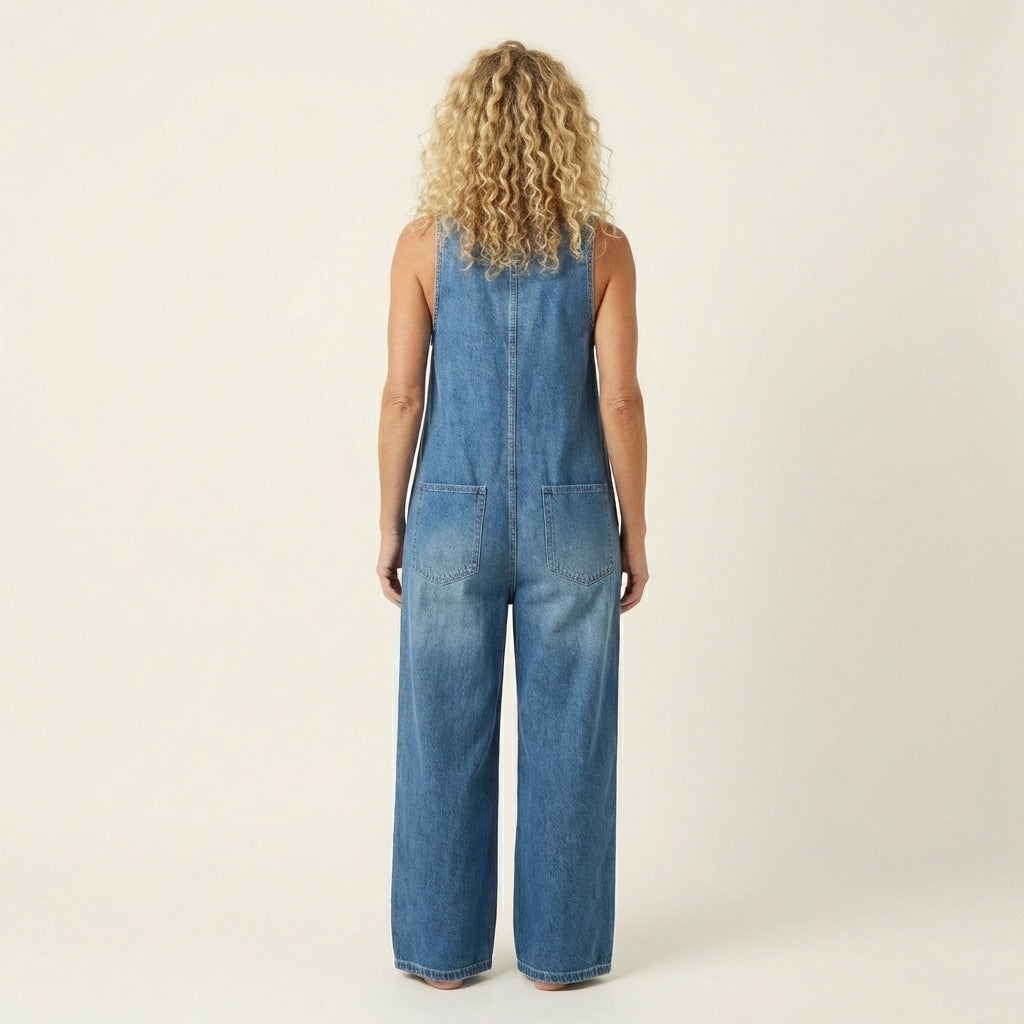 Xandra - Denim jumpsuit met brede knoopbanden
