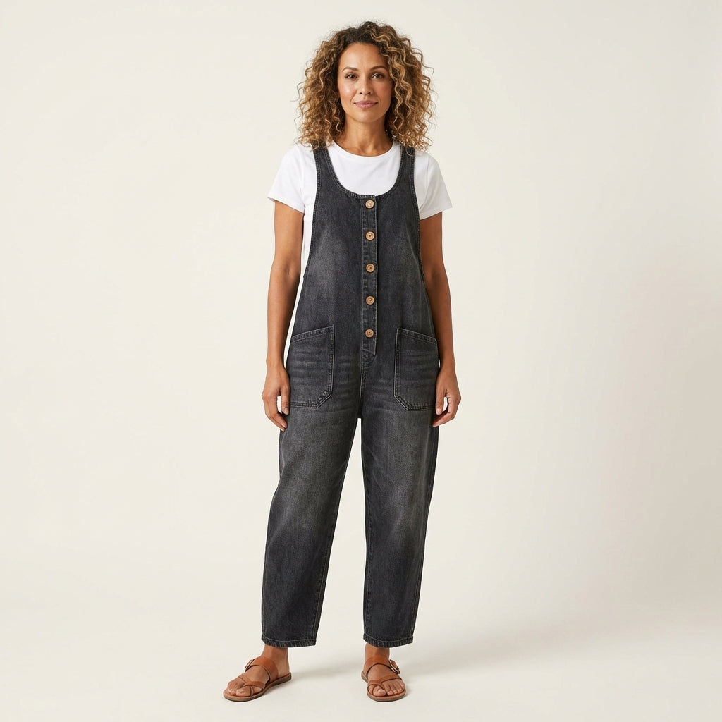Xandra - Denim jumpsuit met brede knoopbanden