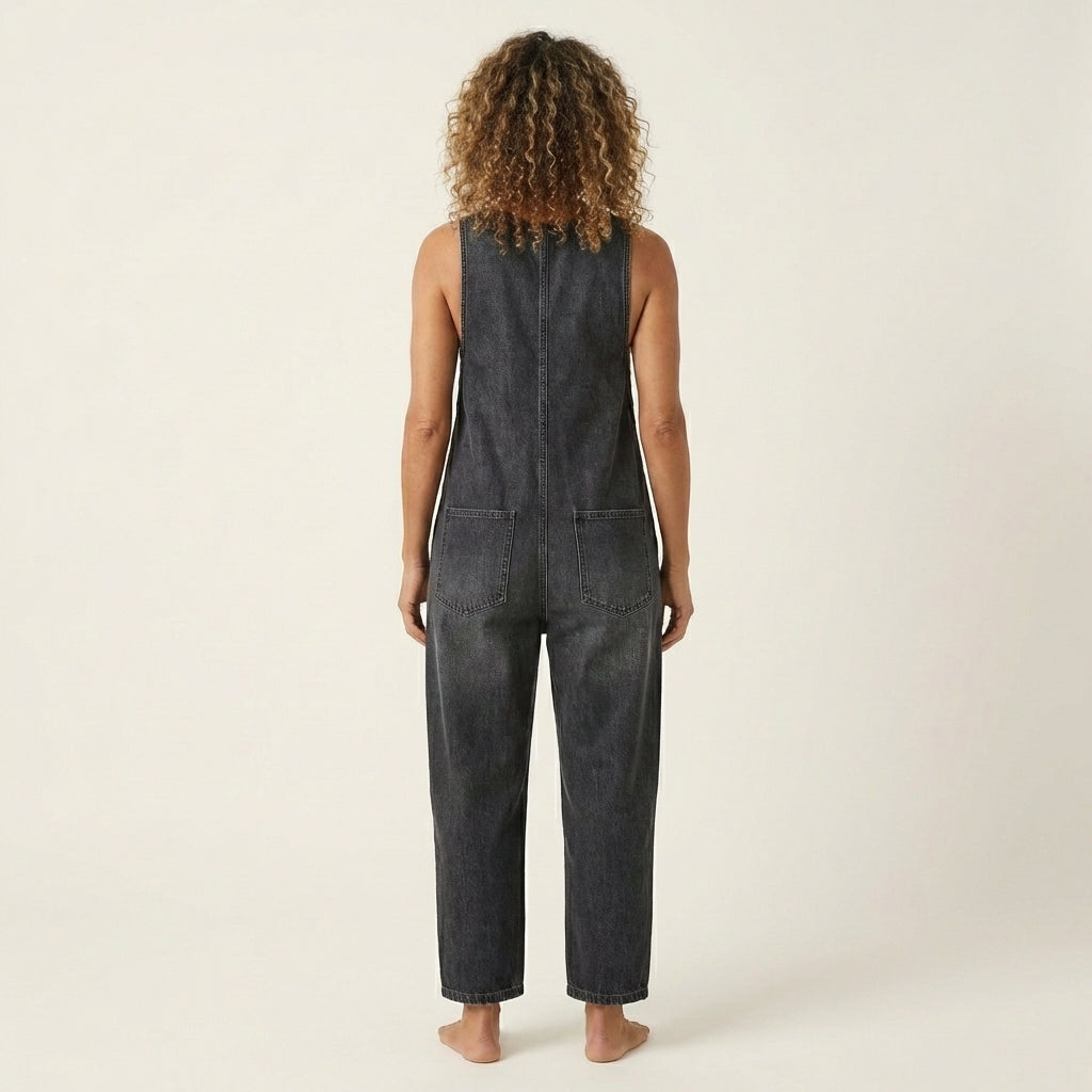 Xandra - Denim jumpsuit met brede knoopbanden
