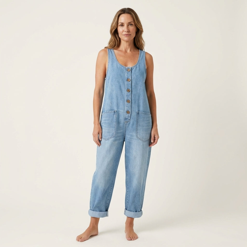 Xandra - Denim jumpsuit met brede knoopbanden