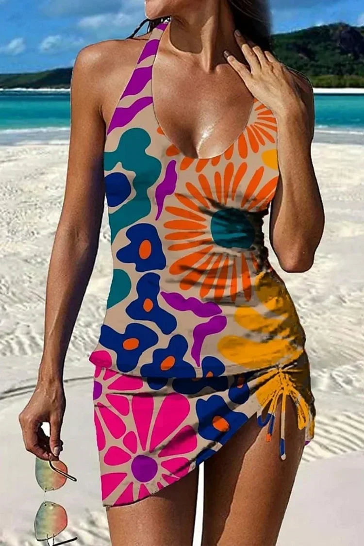 Yasmin - Grafische bloemen tankini met short, effect platte buik