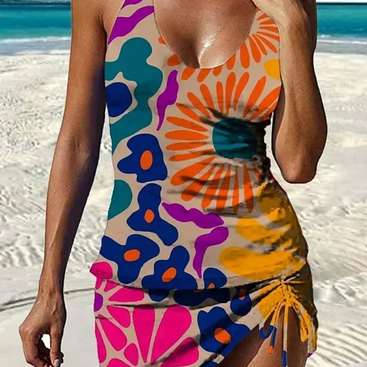 Yasmin - Grafische bloemen tankini met short, effect platte buik