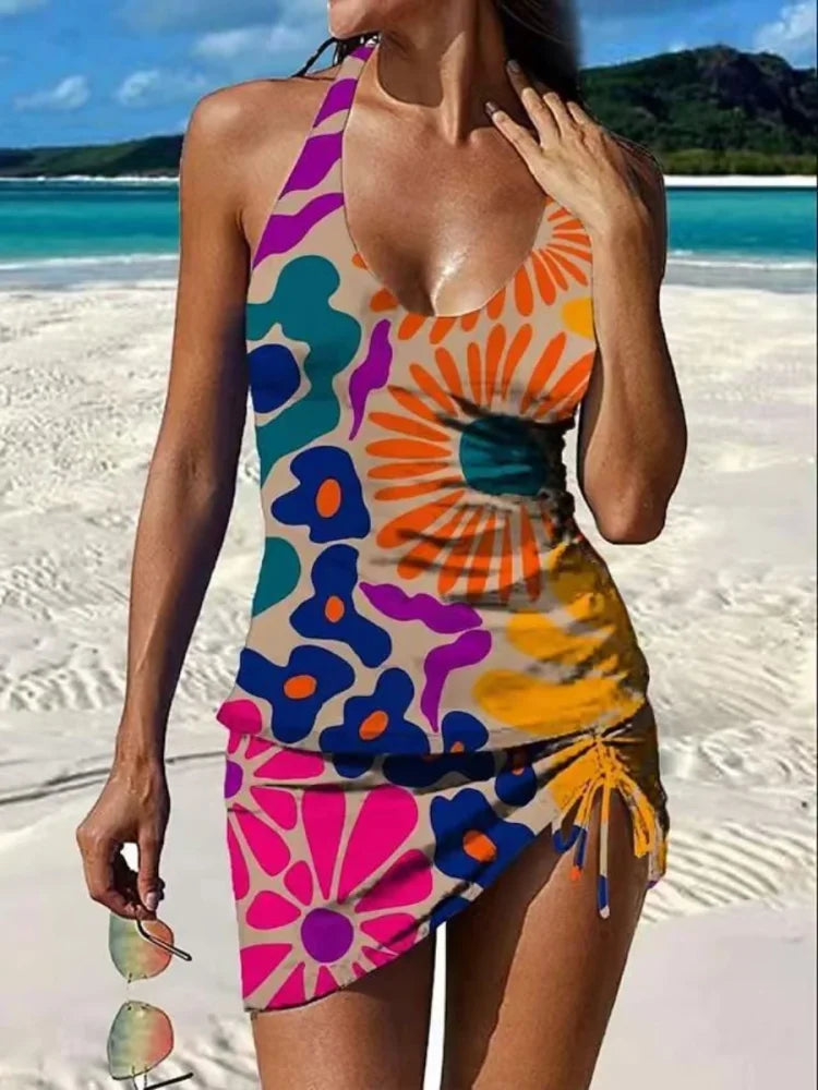 Yasmin - Grafische bloemen tankini met short, effect platte buik