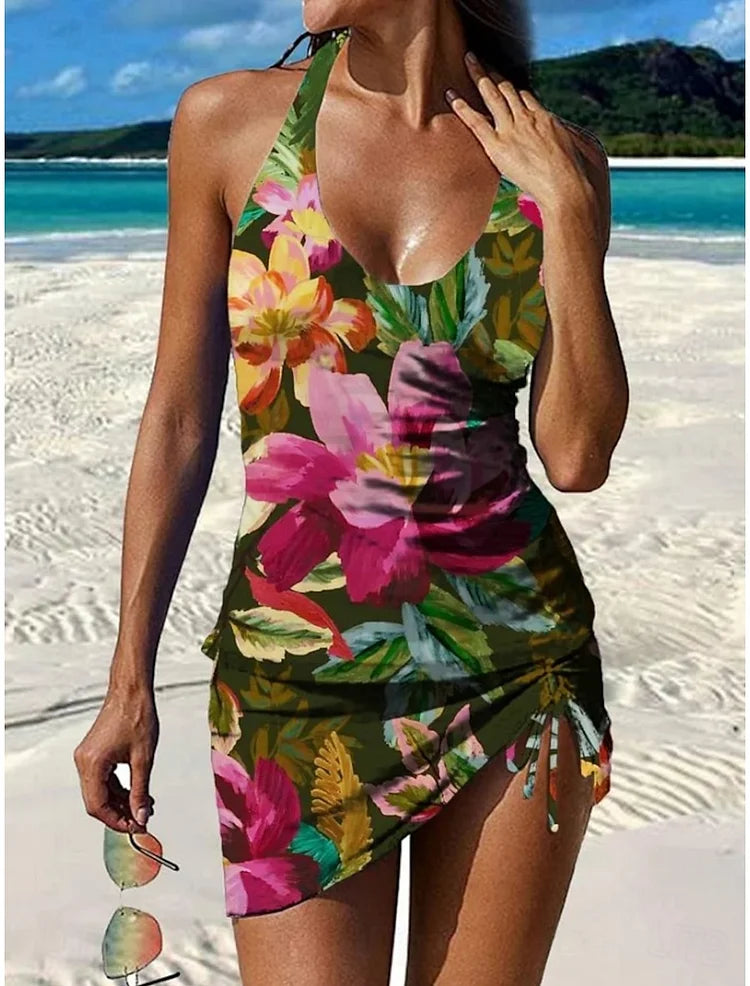 Yasmin - Grafische bloemen tankini met short, effect platte buik