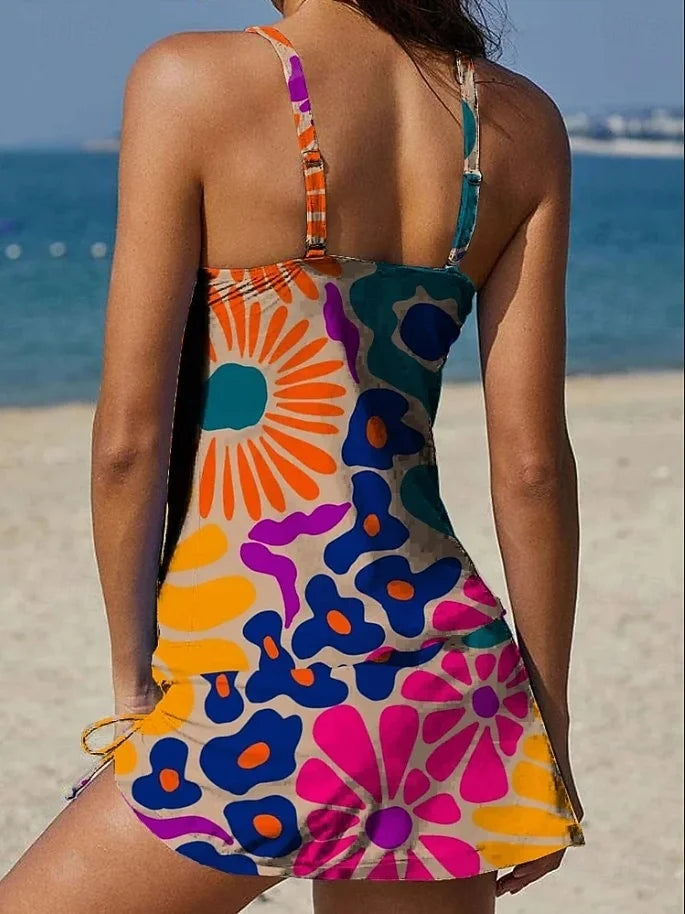 Yasmin - Grafische bloemen tankini met short, effect platte buik