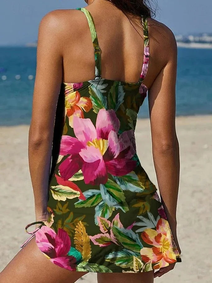 Yasmin - Grafische bloemen tankini met short, effect platte buik