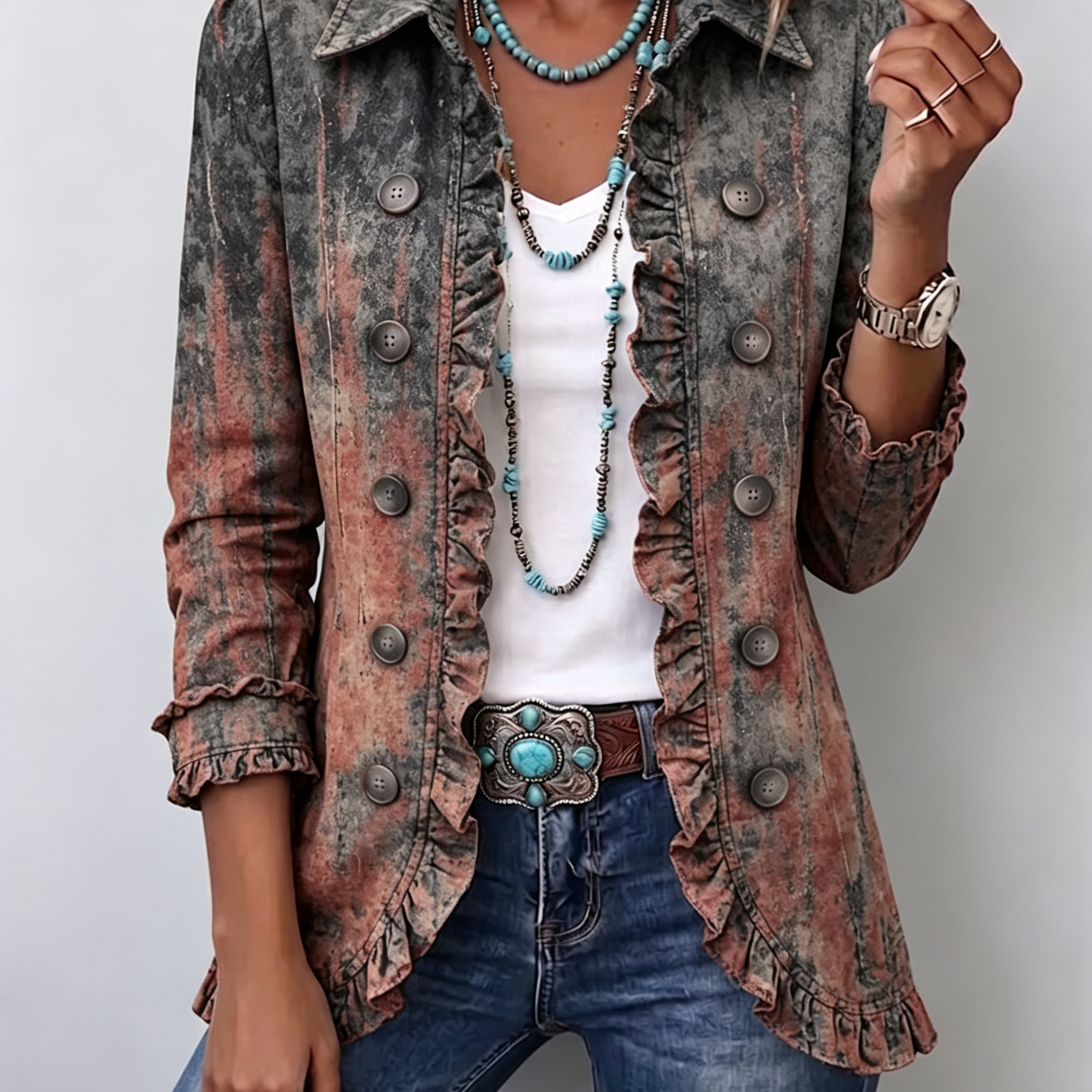 Ymke - Vintage jasje met ruches en print in kleurverloop