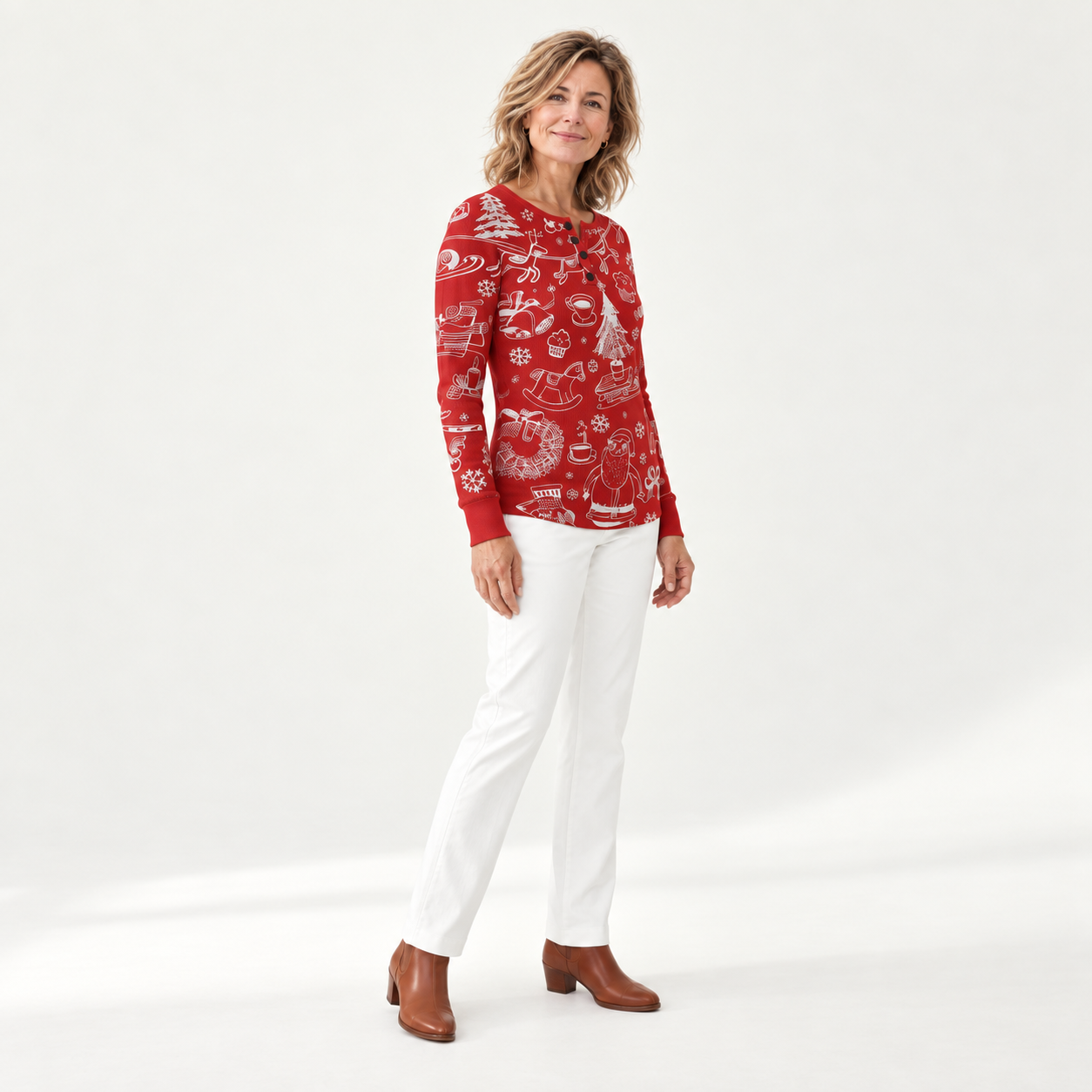 Renske kersttrui in rood - model zijaanzicht
