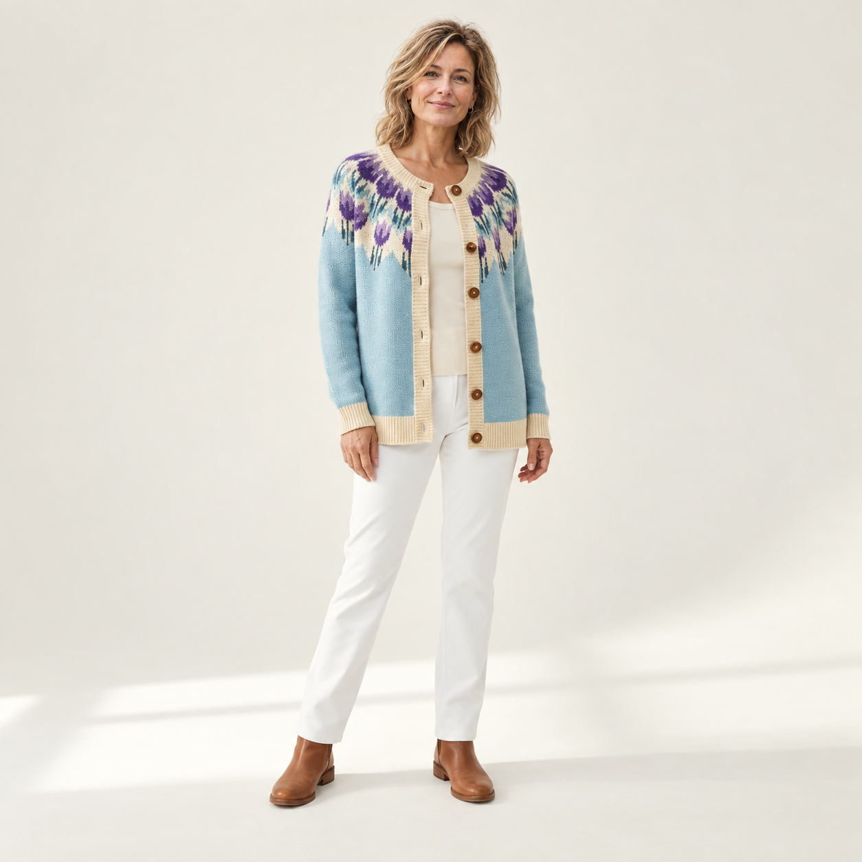 Rosemarie - Gebreid vest met bloemenpatroon op de pas - voorkant