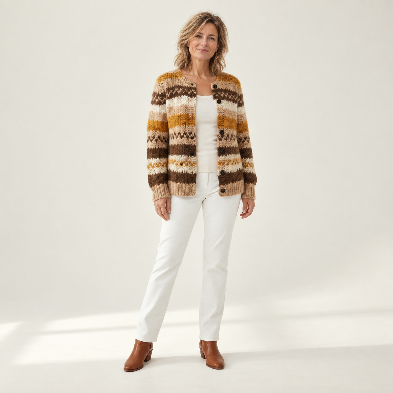 Marlene - Vest met strepen in bruin en crème - voorkant